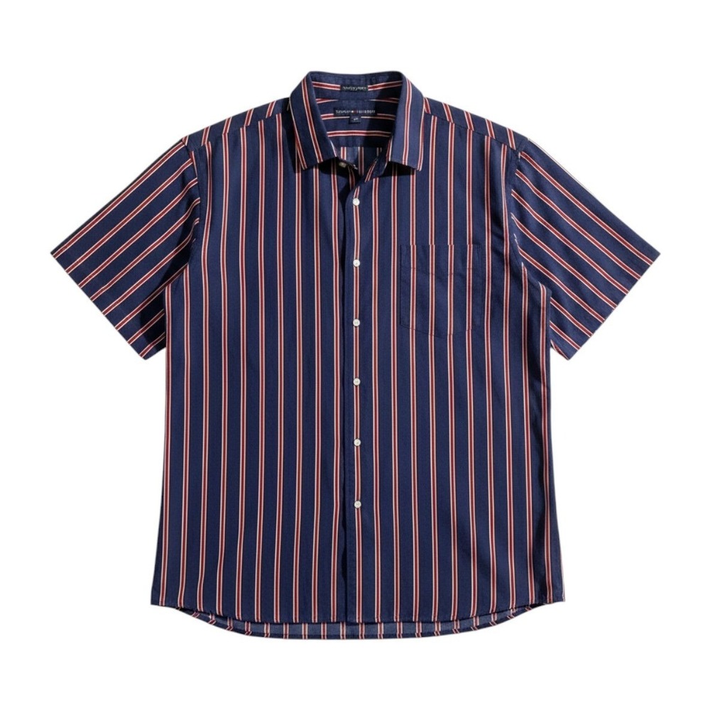 Tommy Hilfiger Button Down Shirt Sz XL Striped Short Sleeve Navy Red‎ Preppy Vtg